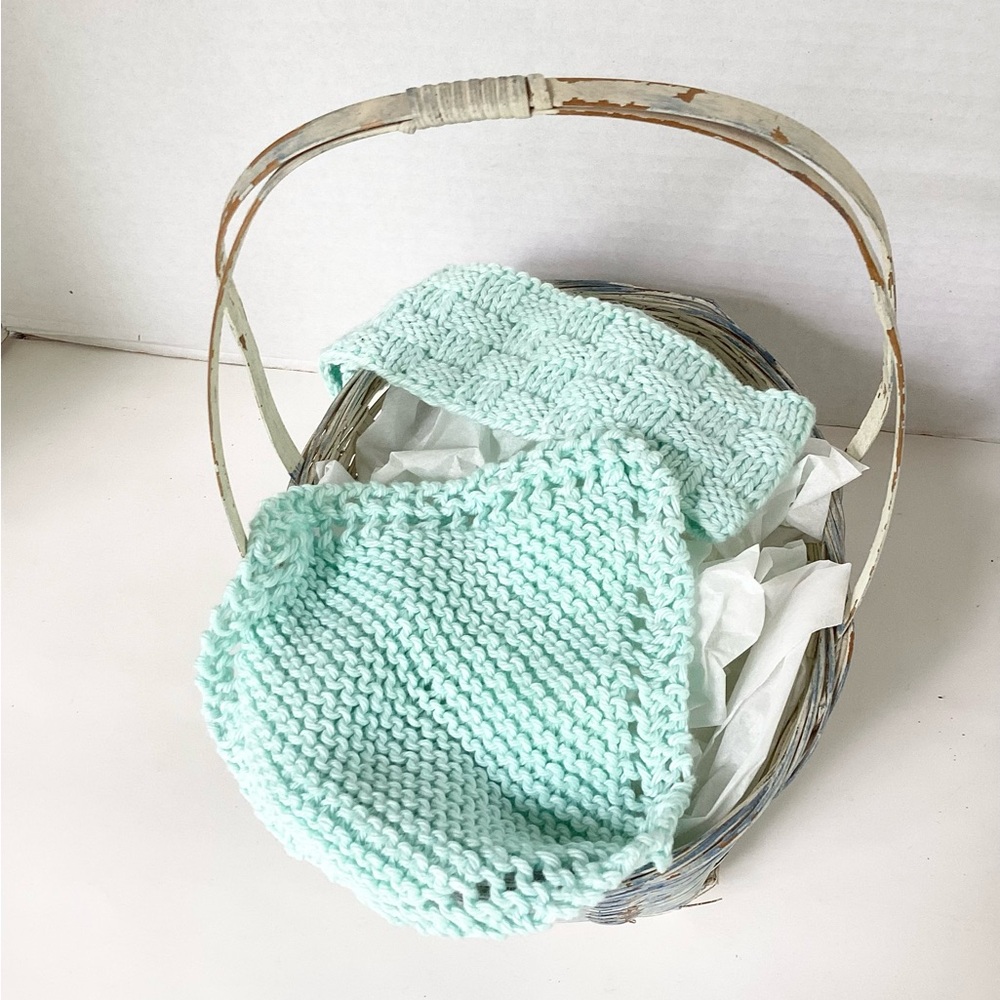 Skincare Washcloth Headband Spa Set Hand Crafted Teal Mint Green Knit Cotton